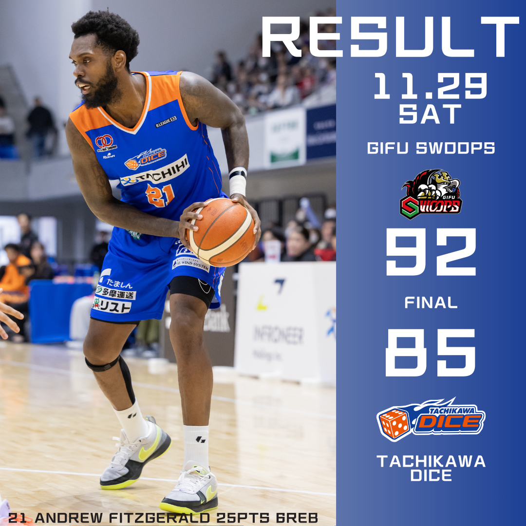 B3リーグ2025-26シーズン第10節 岐阜スゥープスvs立川ダイスGAME1試合結果